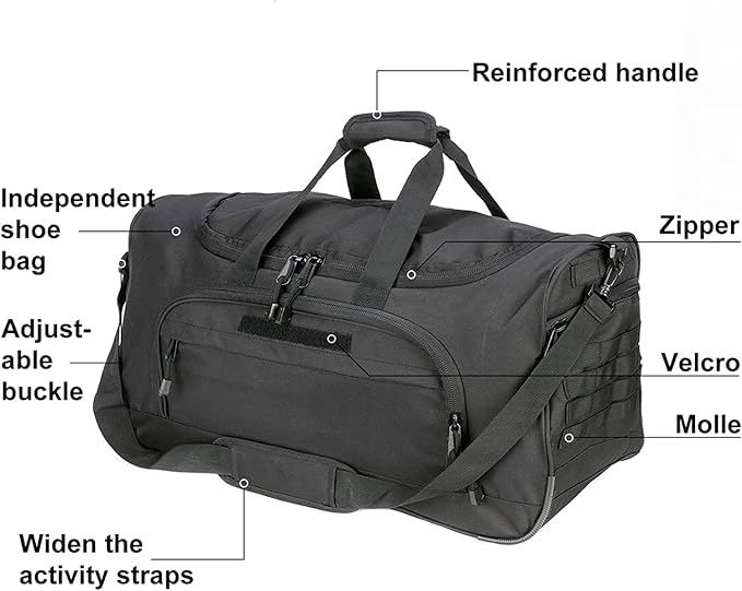 Gym Bag for Women & Men Tactical Duffle Military Weekender Work Out Lightweight Waterproof Sports Tote Shoe Pocket Black