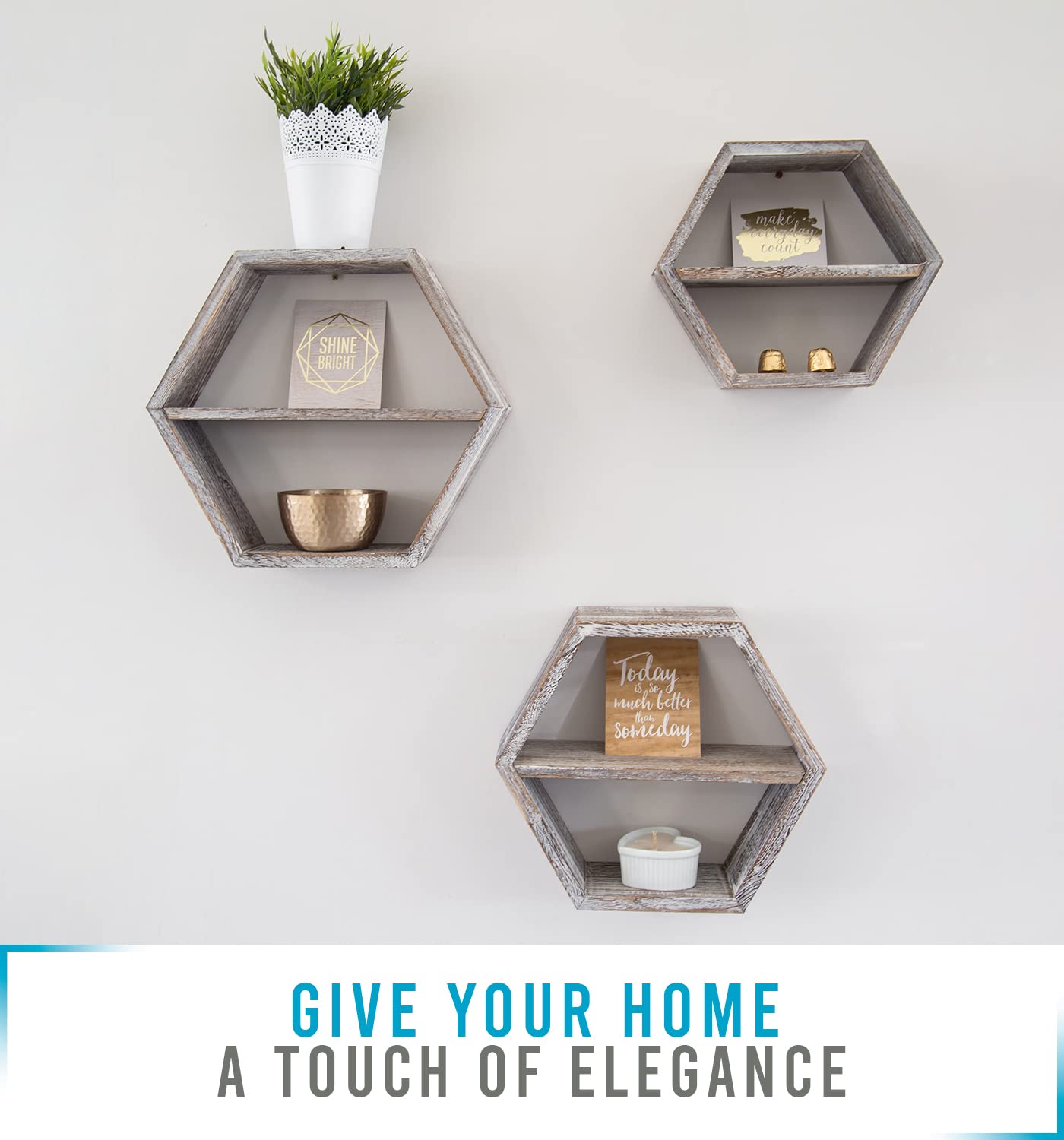 Comfify Rustic Wall Mounted Hexagonal Floating Shelves – Set of 3 Honeycomb Shelves - Farmhouse Decor – Honeycomb Wall Decor - Rustic White