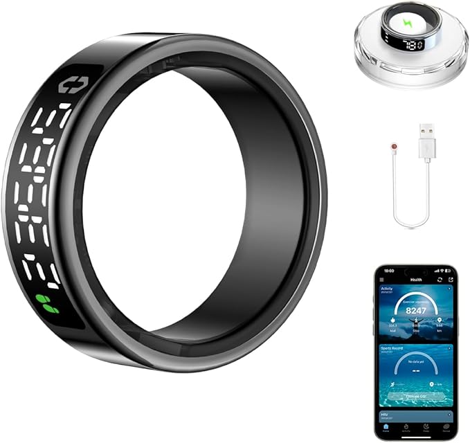 Smart Health Ring with Screen,for Women Men Fitness Tracker Heart Rate, Blood Oxygen, HRV, Sleep Monitoring, Step Counting, IP68 for iPhone and Android, No Subscription Fee (Black, 11#)