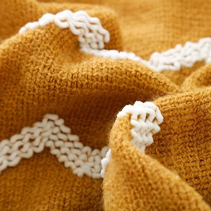 BOURINA Fluffy Chenille Knitted Fringe Throw Blanket Lightweight Soft Cozy for Bed Sofa Chair Throw Blankets, 60" x 80",Mustard