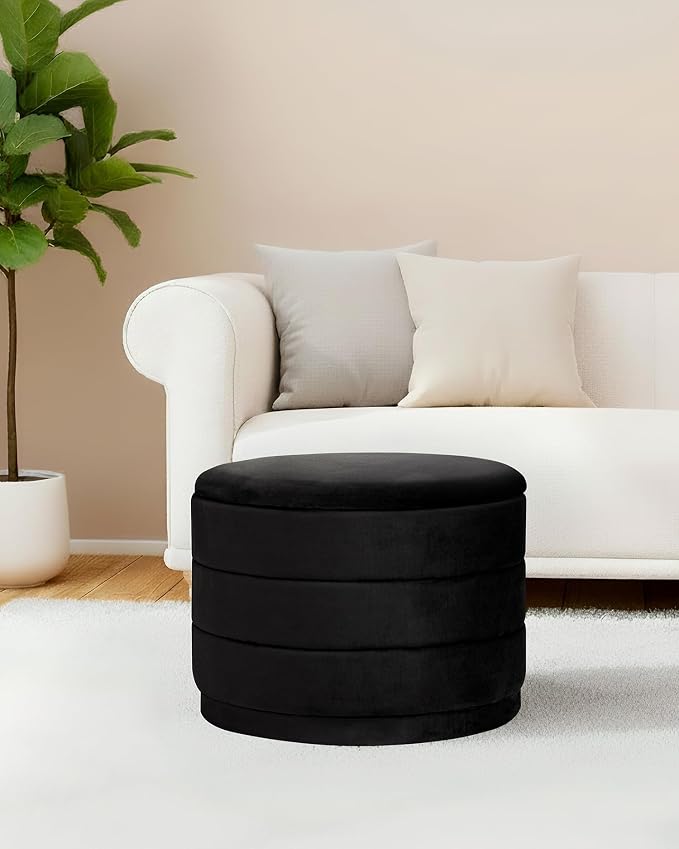 B FSOBEIIALEO Round Velvet Storage Ottoman with Tray, Folding Ottoman with Storage Coffee Table Foot Rest for Dorm Room, Living Room Black, 22.83"x22.83"x17.32"