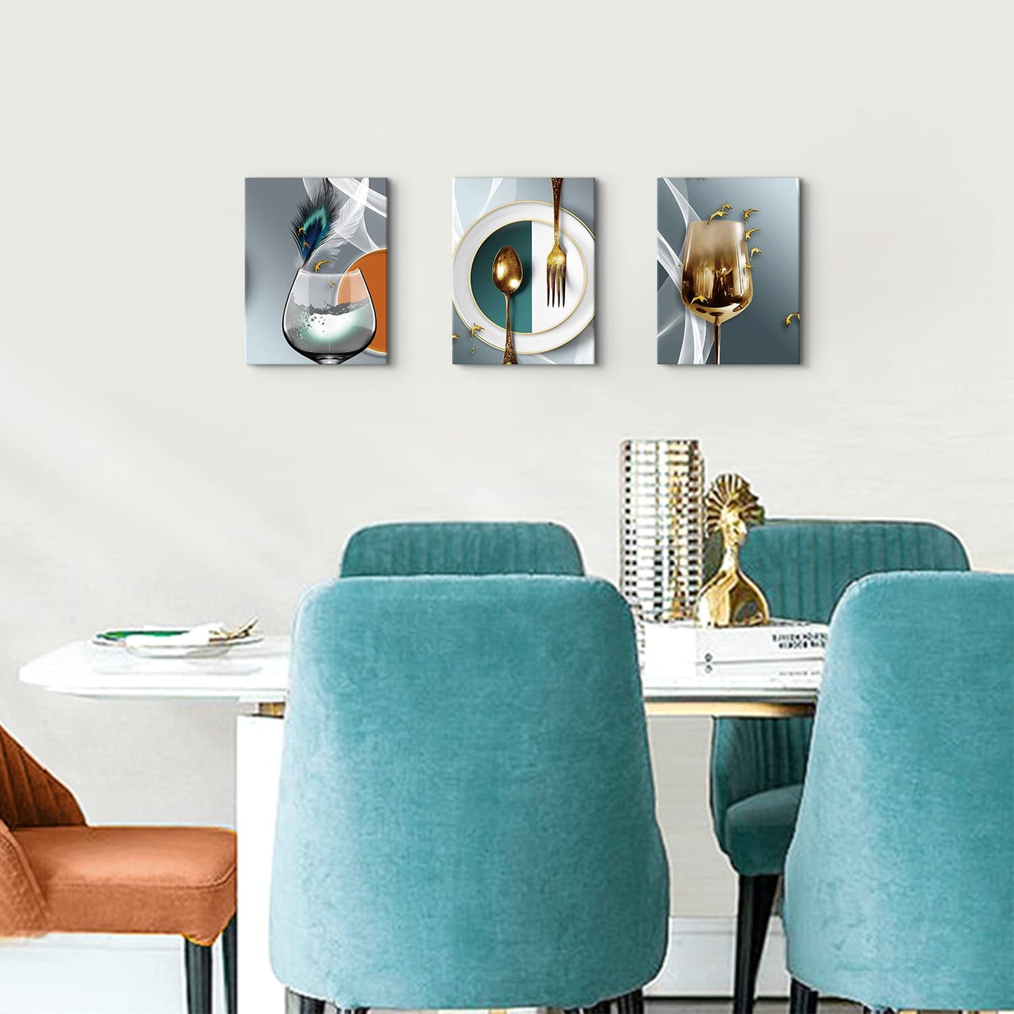 Dining Room Wall Art Set of 3 Teal Gold Wine Glass Wall Art Modern Abstract Wine Pictures Wall Decor Kitchen Tableware Canvas Wall Art Gray Gold Dining Room Wall Decor Kitchen Home Decoration 12x16"