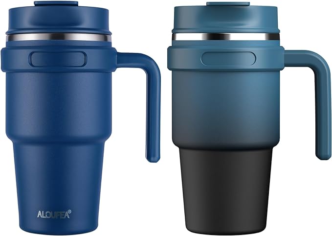 20 oz Insulated Coffee Mug Tumbler with Handle, Stainless Steel Travel Mug Tumbler with Lid and Straw,Double Wall Vacuum Leak Proof Ice Coffee Thermal Cup, Navy/Indigo Black