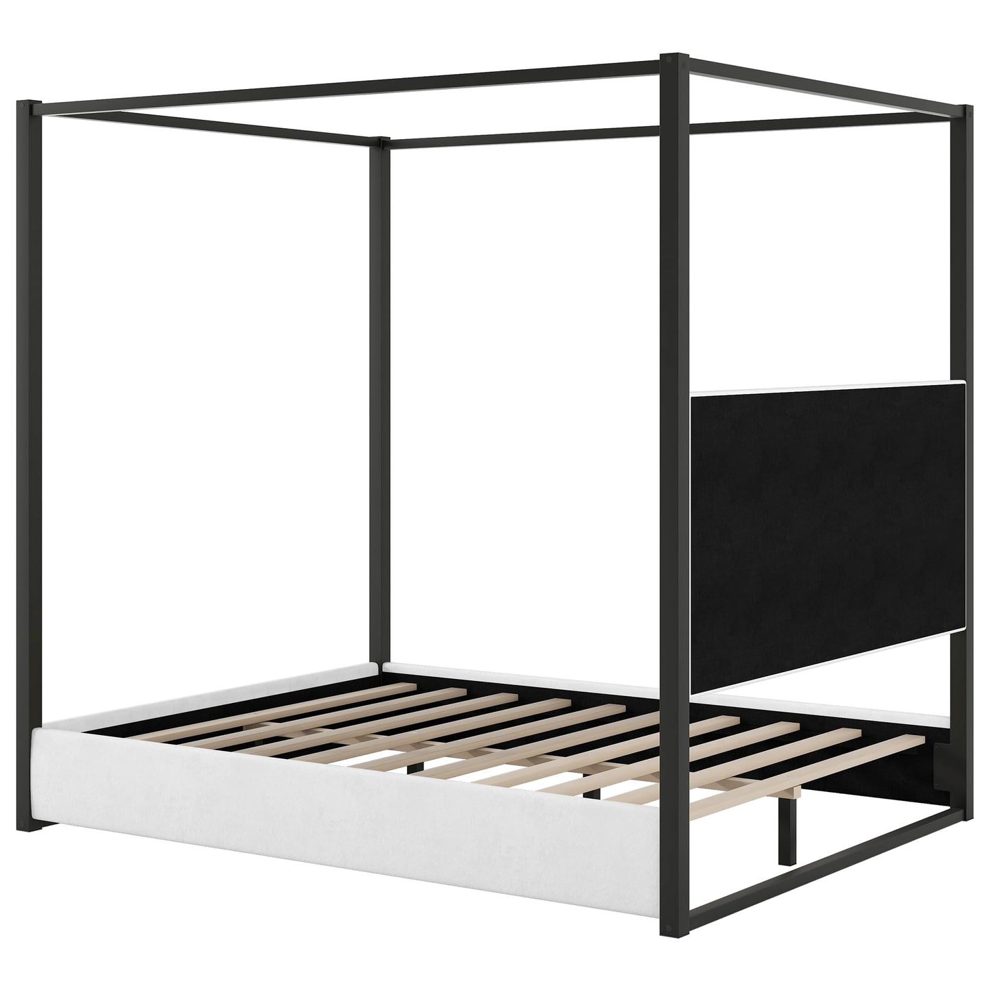 LUMISOL Queen Size Metal Canopy Bed Frame, Black 4 Poster Bed with Tall Upholstered Headboard, Upholstered Low Profile Canopy Platform Bed with Slats Support, No Box Spring Needed, Black + White