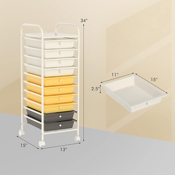 COSTWAY 10-Drawer Rolling Storage Cart, Utility Mobile Trolley with Removable Drawers & Universal Casters & 2 Brakes, Versatile Flexible Drawer Organizer Cart for Home, Office (Yellow)