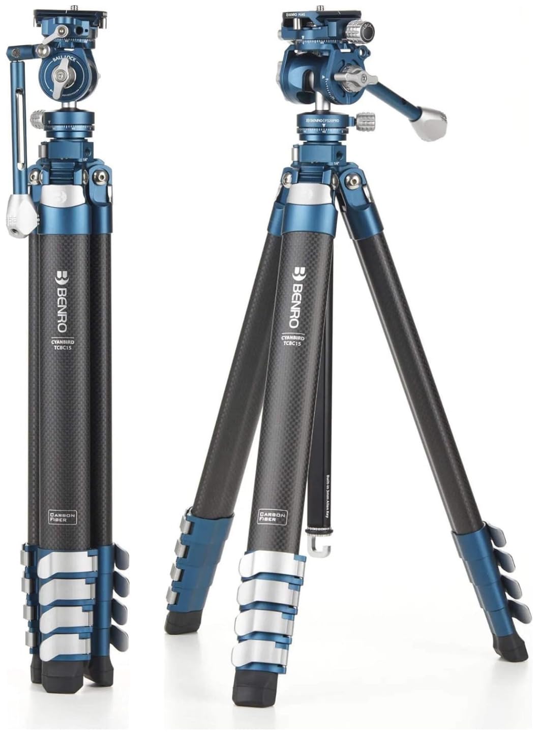 Benro CyanBird Carbon-Fiber Travel Tripod Kit w/ FS20PRO 2-in-1 Pan/Tilt Head – 60″ Max, 17″ Folded, 9.9 lb Load – Premium Support for Photo & Video (TCBC15FS20PROC)