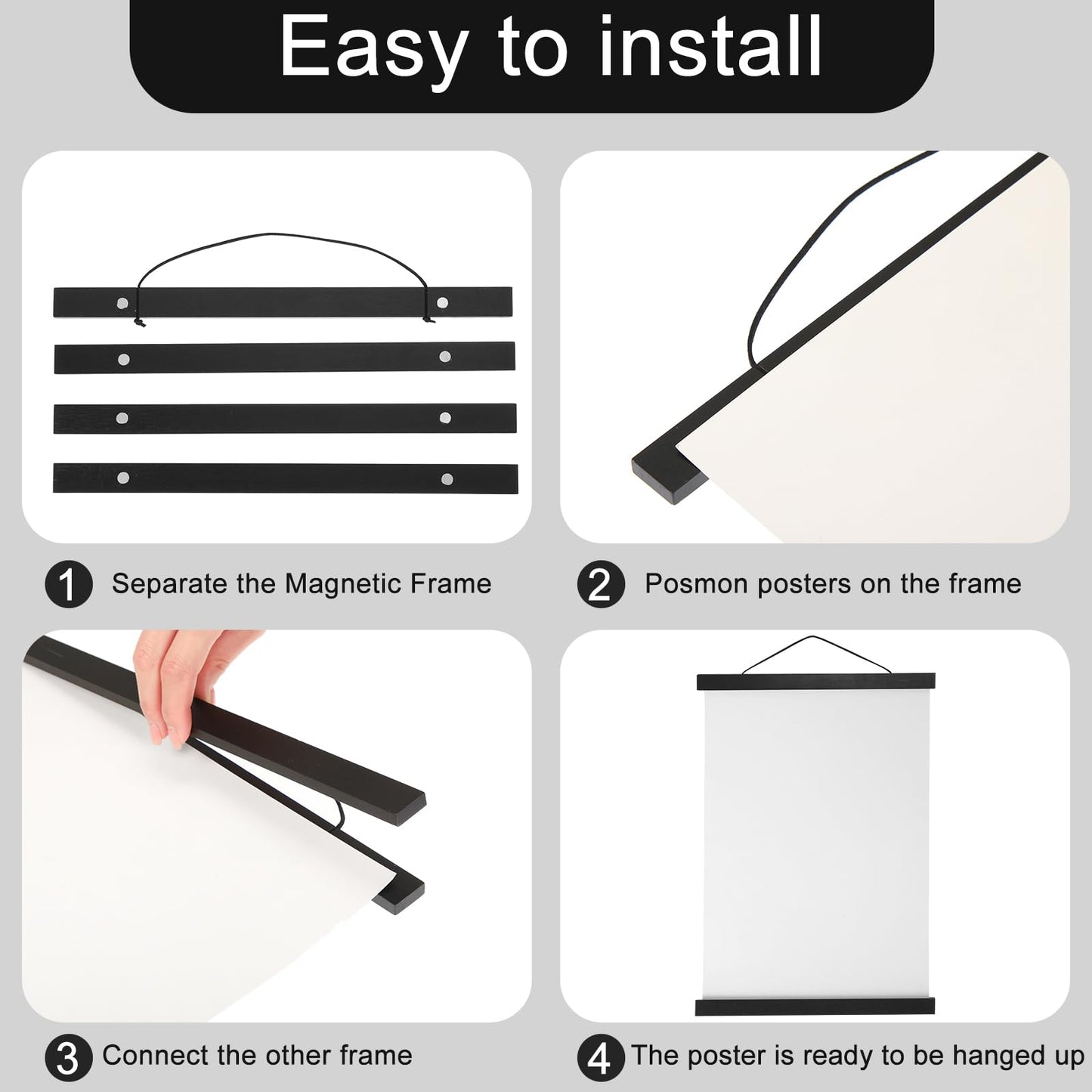 Thyle 10 Pack Magnet Poster Hanger Frame 12x16 12x18 12x24 Light Pine Wood Magnetic Rails Hanging Frame with Rope Magnet Poster Hanger for Photo Picture Print Map (Black,12 Inch)