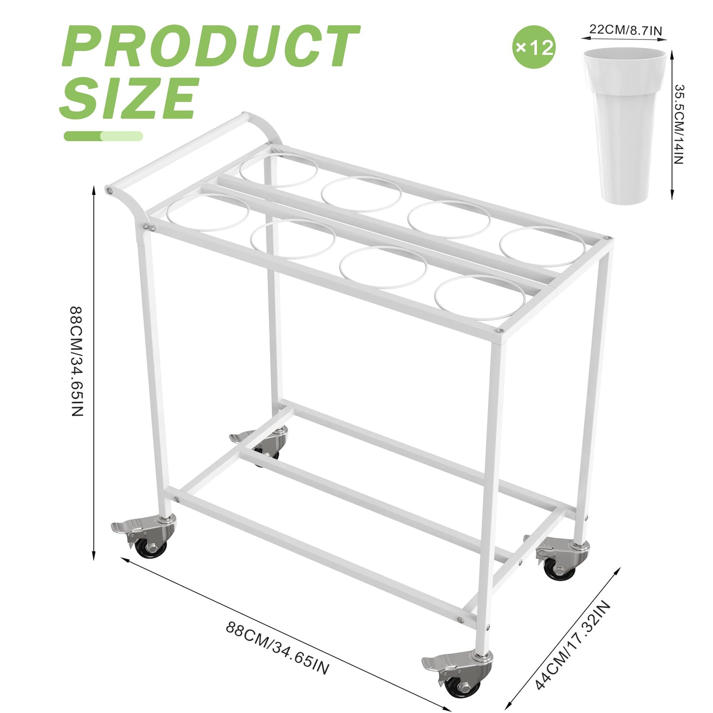 VGMiu Flower Display Stand with 8 Buckets,Flower Cart White Metal Flower Bar Stand with Wheels, Moving Florist Bouquet Shelf for Weddings Florist Indoor Outdoor Patio Garden Living Room