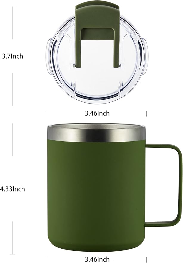 12oz Insulated Coffee Mug Cup with Handle, Stainless Steel Travel Coffee Mug with Flip Lid, Double Wall Vacuum Coffee Tumbler, ArmyGreen