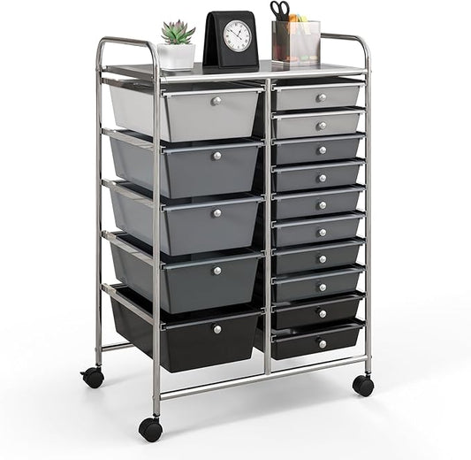 GOFLAME 15-Drawer Rolling Storage Cart, Craft Storage Cart with Removable Drawers & Lockable Wheels, Art Cart Supply Storage Organizer for Home Office Classroom, Gray Gradient