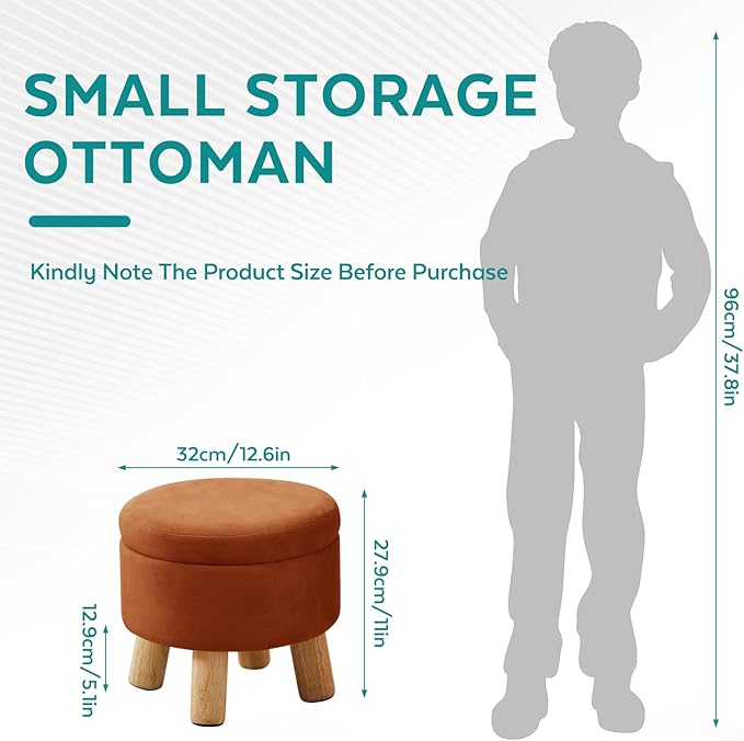 Small Foot Stool Ottoman with Storage, Velvet Ottoman Foot Rest for Couch, Round Footstool with Storage, Small Ottomans and Footstools for Living Room and Entryway (Orange)