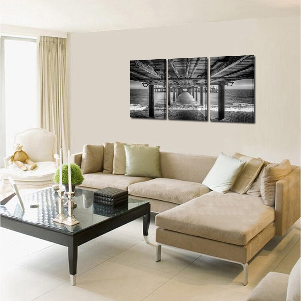KREATIVE ARTS - UNDER THE PIER Premium Canvas Art Print Black and White Large Seascape Wall Art Deco Canvas Picture Stretched on Wooden Frame as Modern Gallery Artwork