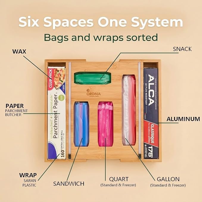 3" Slim 6-in-1 Expandable Storage Bag Organizer Kitchen Drawer - Bamboo Baggie Organizer for Drawer, Aluminum Foil & Saran Wrap Cutter, Plastic, Gallon, Quart & Sandwich Bags (11.5"-17.63" Wide)