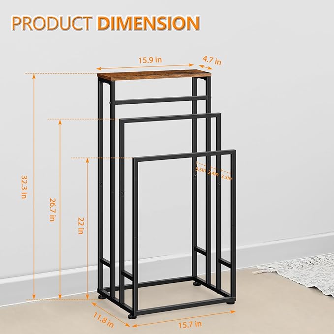 Bathroom Standing Towel Rack 3 Tier Metal Small Towel Holder Stand Farmhouse Blanket Ladder Holder with Storage Shelf for Bedroom Living Room, Black & Brown
