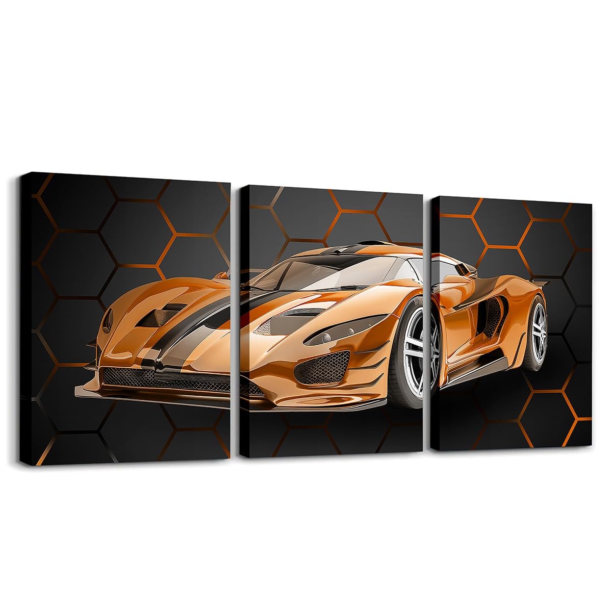 Feelyou Race Car Canvas Wall Art Honeycomb Speed Sports Car Office Wall Artwork Posters Orange Extreme Sports Bathroom Wall Art for Home Decor 12"x16" 3 Piece Hexagon Theme Wall Painting