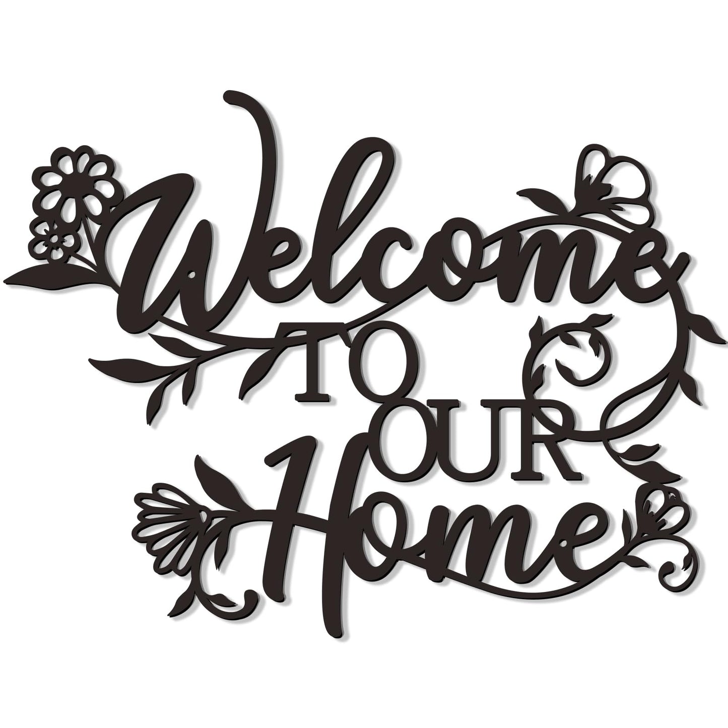 Zzbakress Welcome Sign - Outdoor Metal Wall Decor, Welcome To Our Home Sign Entryway Wall Decor, Text And Flowers Black Metal Wall Art For Living Room, Dining Room, Porch, Entry (Floral)