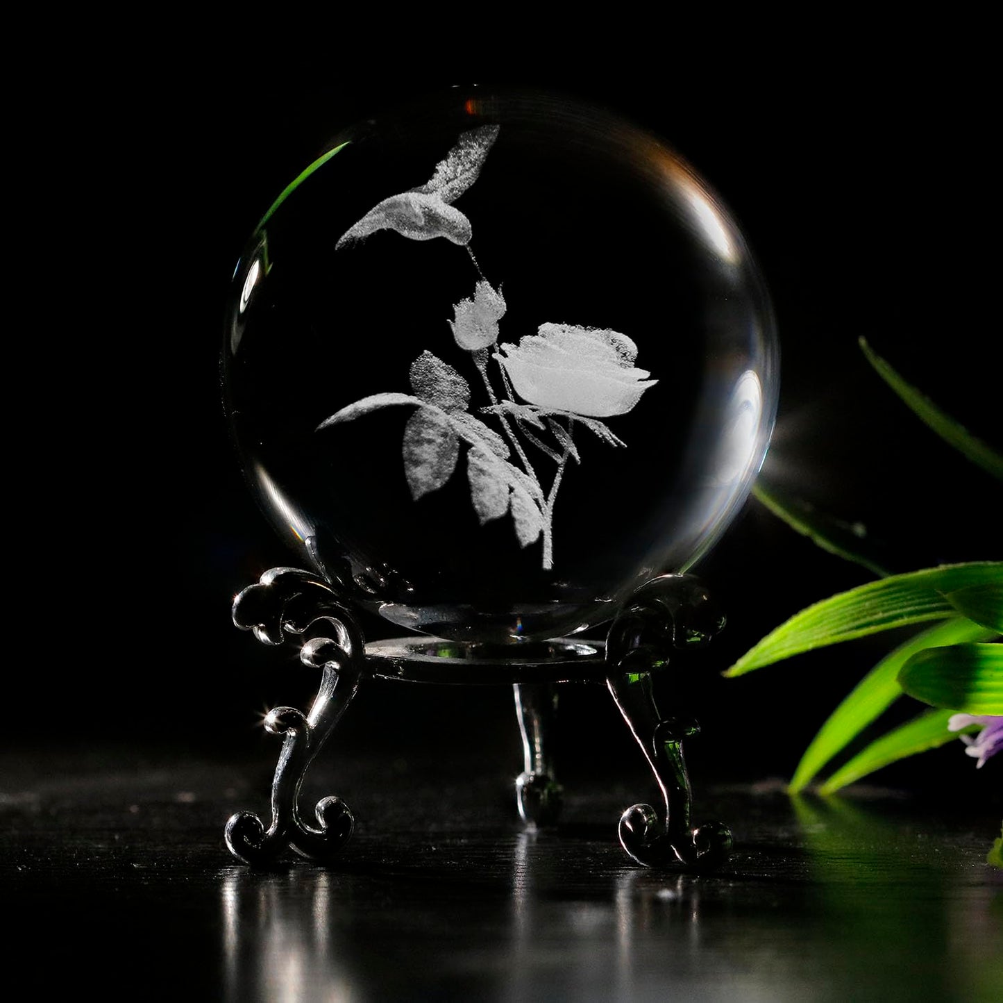 vskikris 60mm 3D Hummingbird Crystal Ball Paperweight Laser Engraved Humming Bird Figurine Glass Sphere Crystal Globe with Stand