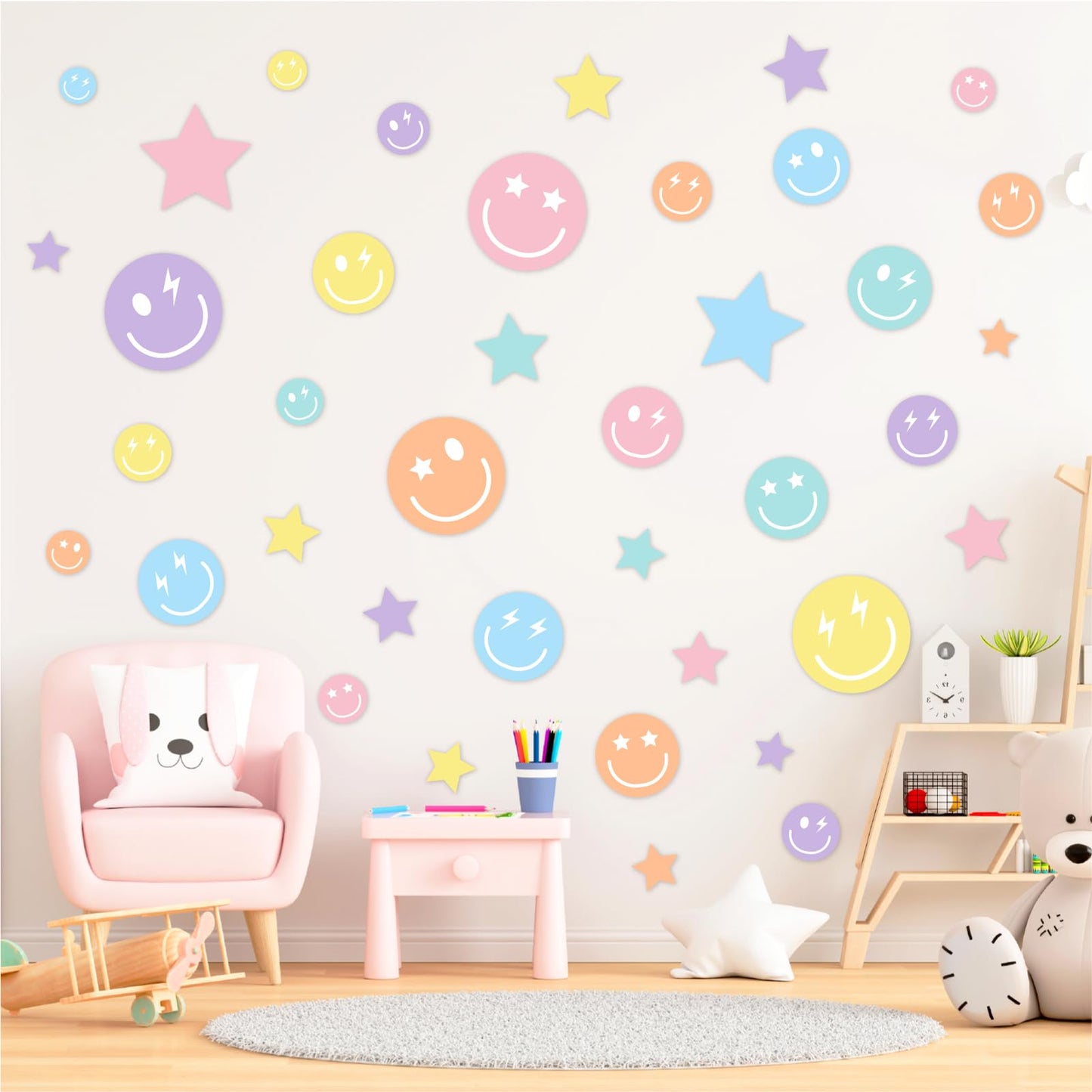 Whaline 12 Sheets Preppy Wall Stickers Pastel Smile Face Star Wall Decals Aesthetic Room Mural Stickers for Back to School Party Home Nursery, 7.9 x 11.8 Inch