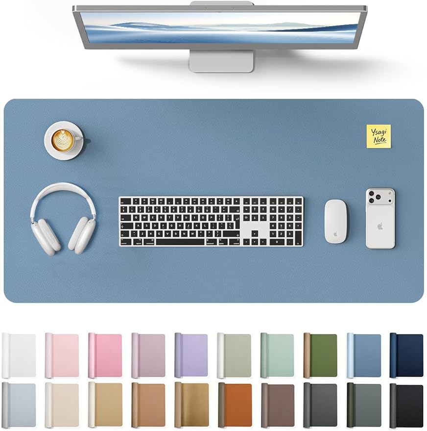 YSAGi Leather Desk Protector, Office Mat, Large Mouse Mat, Non-Slip PU Leather Blotter, Laptop Desk Pad, Waterproof Writing Pad for Office and Home (Blue, 35.4" x 17")