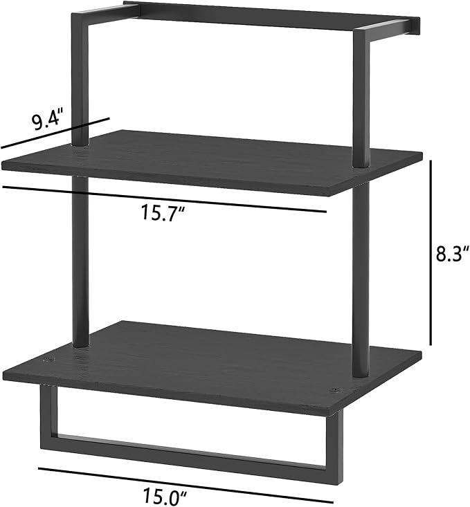 Wall Mounted Towel Rack for Bathroom, Bath Storage Holder 3-Tier Steel Wood Towel Shelf with Bar, Black