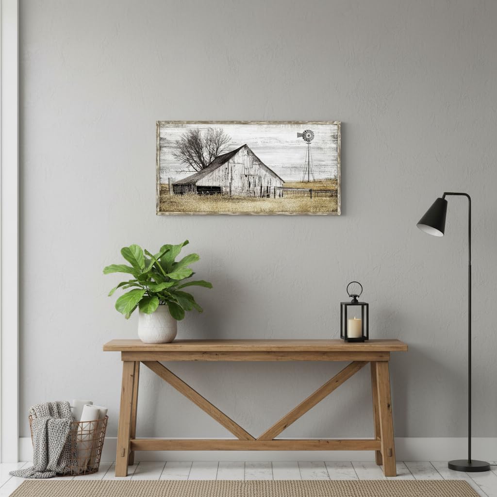 Barn Wall Art Decor Picture: Bedroom Framed Farmhouse Wooden Painting Rustic Horizontal Country Landscape Farm Windmill Print Long Panoramic Nature Scene Countryside Artwork for Living Room Bathroom