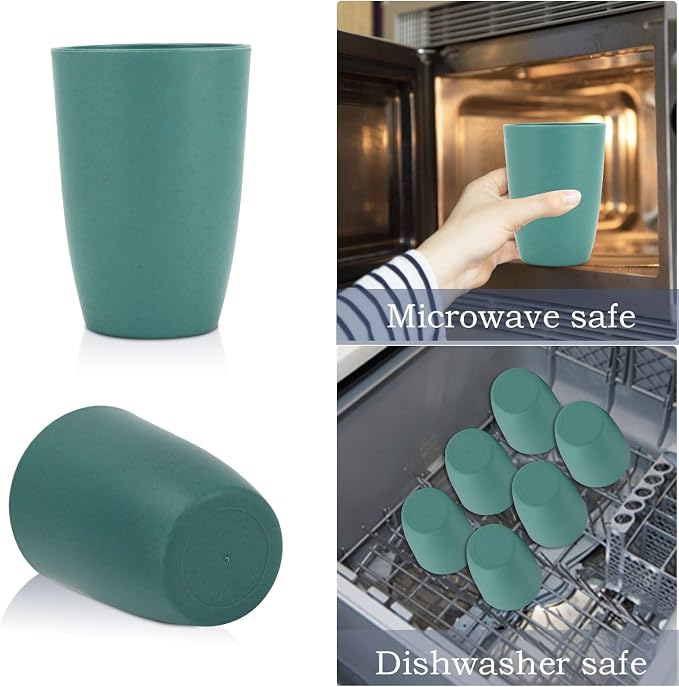 Wrova Wheat Straw Cups 6 PCS Good Alternative to Plastic Reusable Cups 12 oz Unbreakable Drinking Cup Reusable Dishwasher Safe Water Plastic Glasses Green