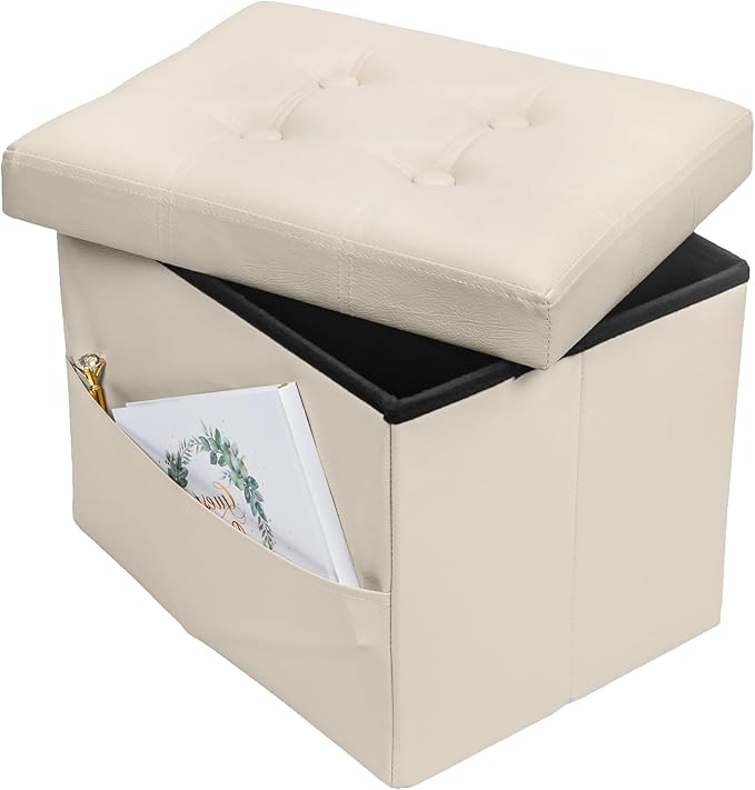 Bsketa Storage Ottoman Foot Rest Stool, Small Leather Storage Ottomans Bench, Folding Footstool with Side Pockets, Foot Rest Under Desk for Living Room Bedroom, 16x12x12 in, Beige