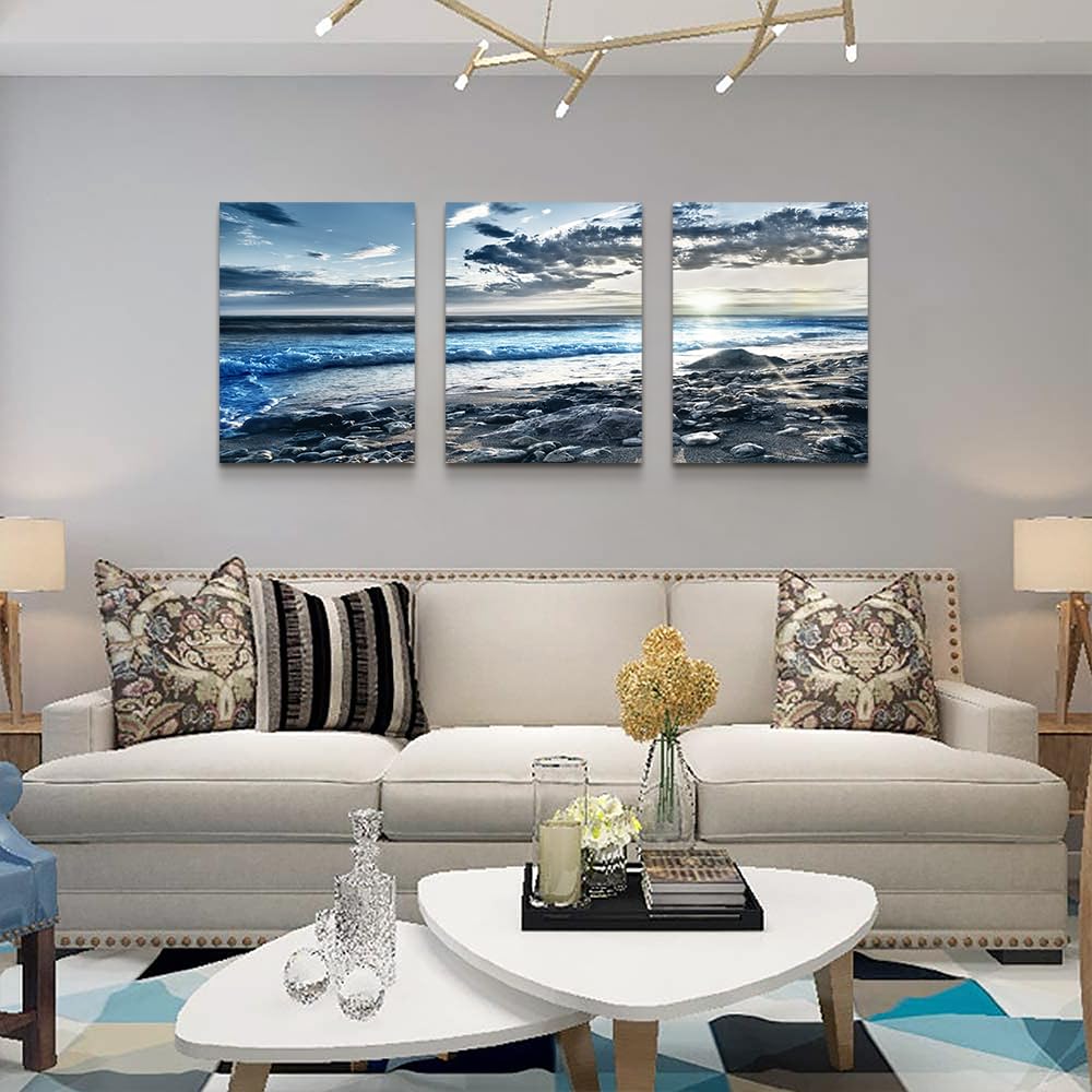 DZRWUBHS Canvas Wall Art - Modern Decor for Living Room, Office & Bedroom - 3 Piece Blue Beach Seascape Wall Prints