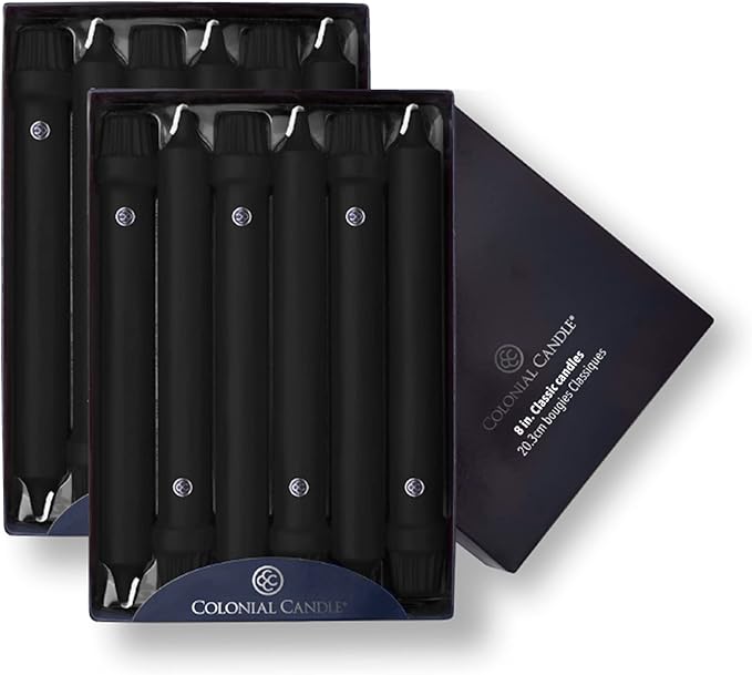 Colonial Candle Unscented Taper Candle, Classic Collection, Black, 8 In, Pack of 12 - Up to 6 Hours Burn