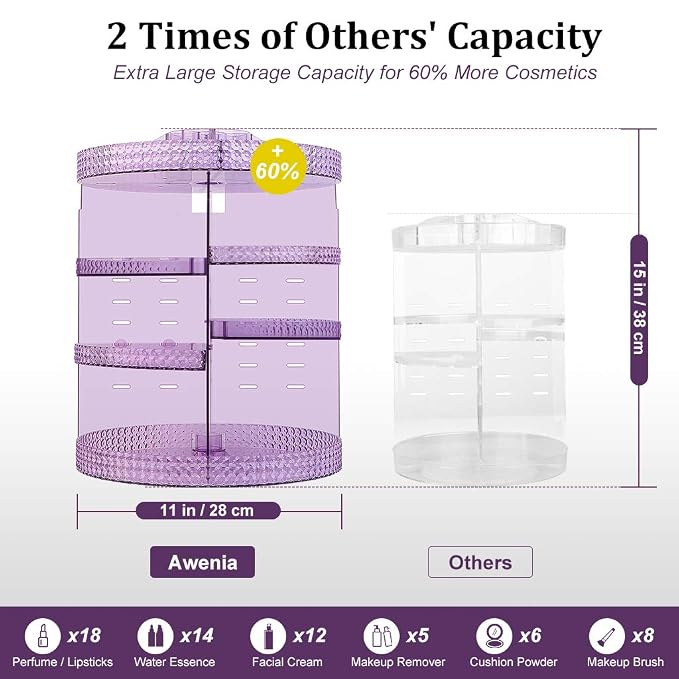 Awenia Makeup Organizer 360-Degree Rotating, Adjustable Makeup Storage, 7 Layers Large Capacity Cosmetic Storage Unit, Fits Different Types of Cosmetics and Accessories, Plus Size(Purple)