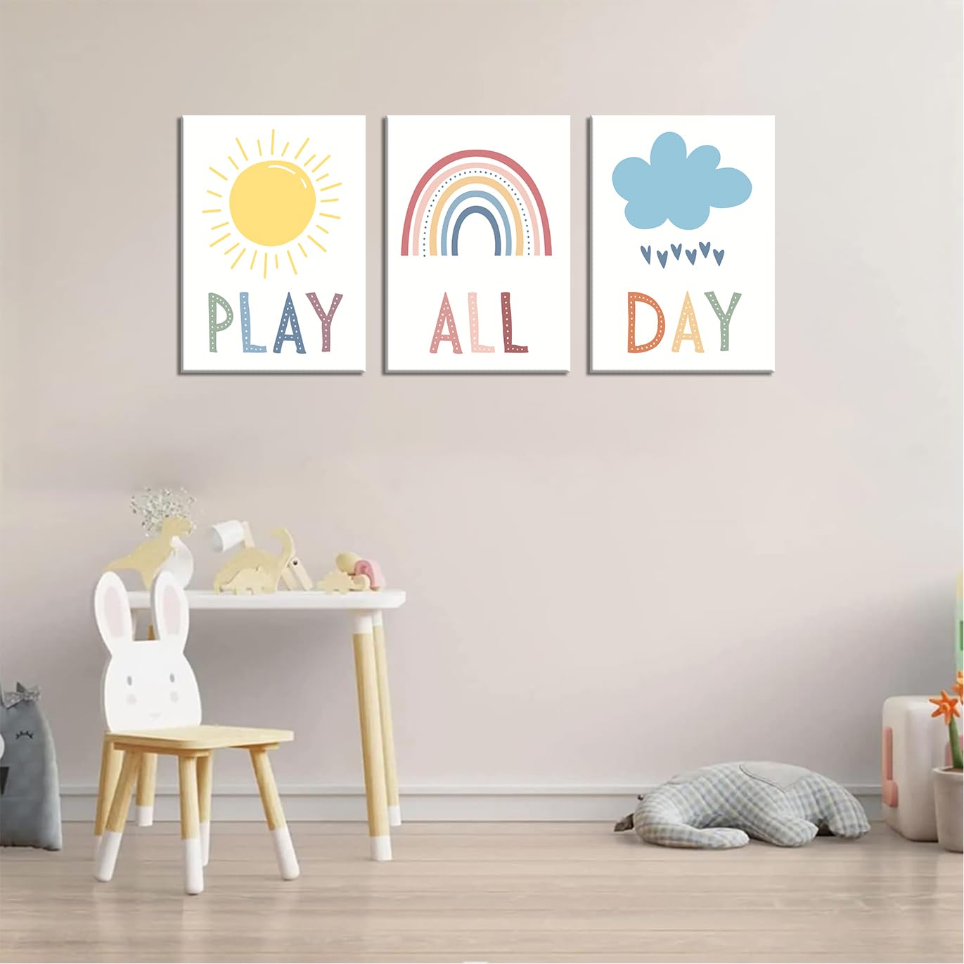 3Pcs Boho Nursery Canvas Wall Art Play All Day Kids Room Wall Decor Pictures Rainbow Sun Cloud Posters Prints for Boy Girl Bedroom Playroom Classroom Decoration, 12x16in