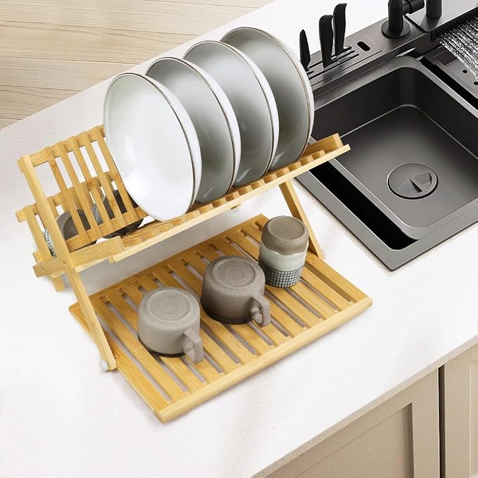 KKTONER Bamboo Dish Drying Rack with Utensil Holder 3 Tier Collapsible Drainer Rack with Dish Drying Mat for Kitchen Counter (Natural)