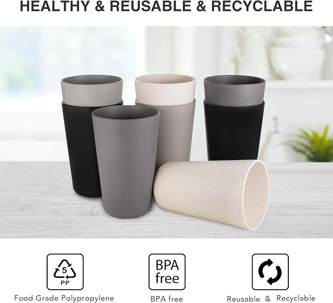 Premium Wheat Straw Cups 20 oz Set of 8 Alternative to Plastic Cups Reusable Unbreakable Drinking Cup Dishwasher Safe Water Glasses Tumblers, Grey and Black