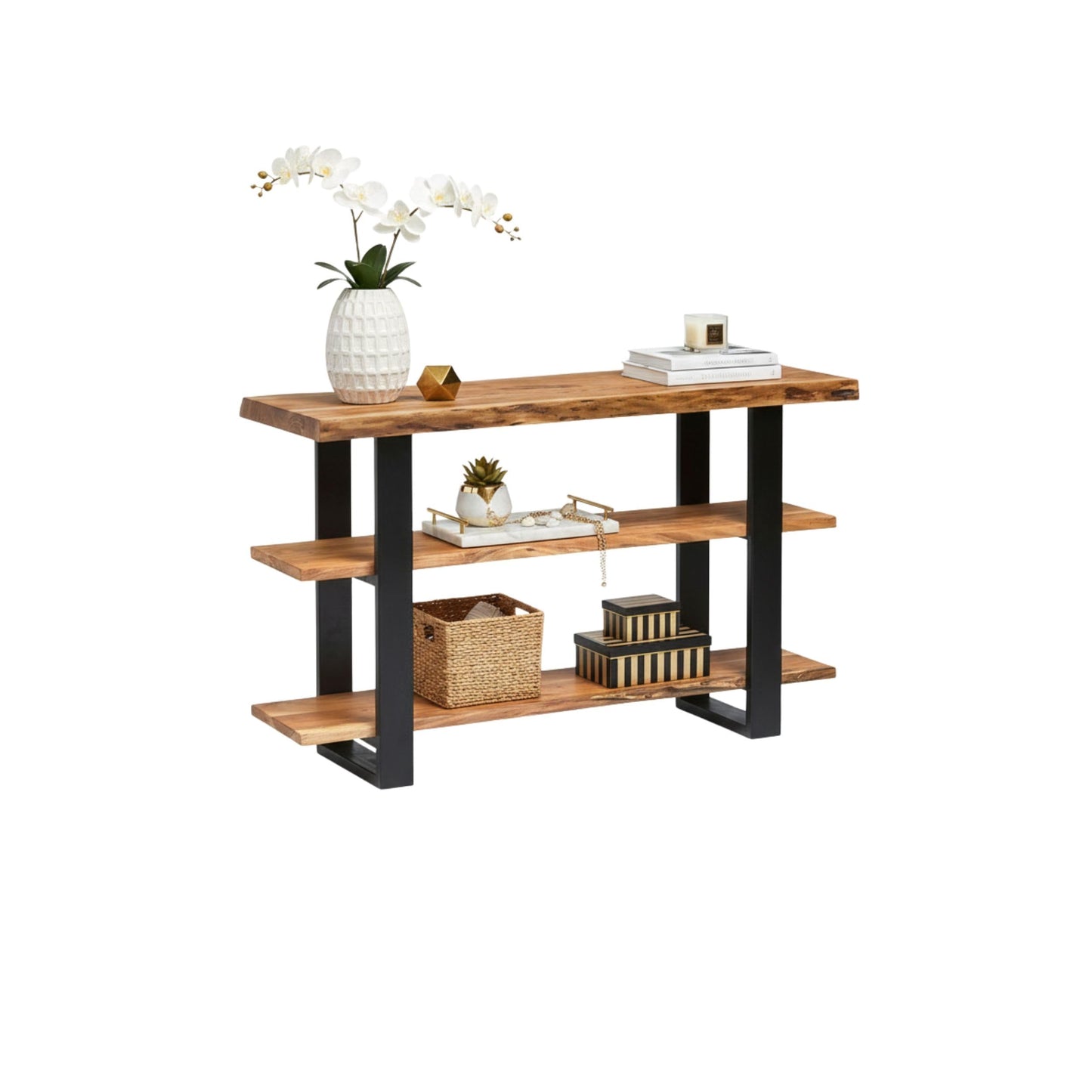 Alpine 3-Tier Live Edge Console Table with Metal Frame – 48-Inch Solid Acacia Wood Entryway Table – Rustic Modern Industrial Sofa Table or Media Console by Alaterre Furniture (Natural Finish)
