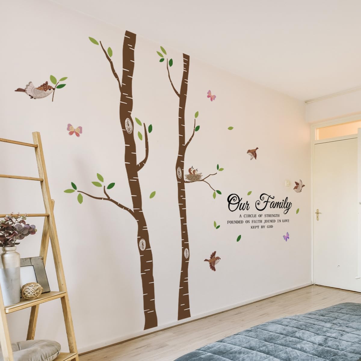 iMagitek Large Birch Tree Birds Wall Decals, Religious Family Quotes Wall Stickers for Living Room Home Decor, 109x94 Inches
