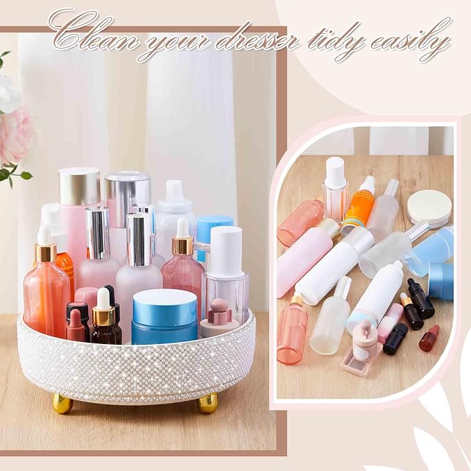 Honeydak 360 Rotating Perfume Organizer Gift for Women, Rhinestone Preppy Skincare Organizer Bathroom Counter Makeup Holder Skincare and Perfume Storage for Cosmetic(1 Tier,Pearl,White)