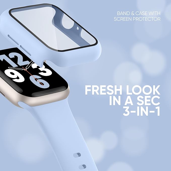 Compatible for Apple Watch Band 40mm 41mm and Case with Screen Protector, Soft Silicone Sport Strap Bands and Protective Cover with Tempered Glass for iWatch Series 9 8 7 SE 6 5 4