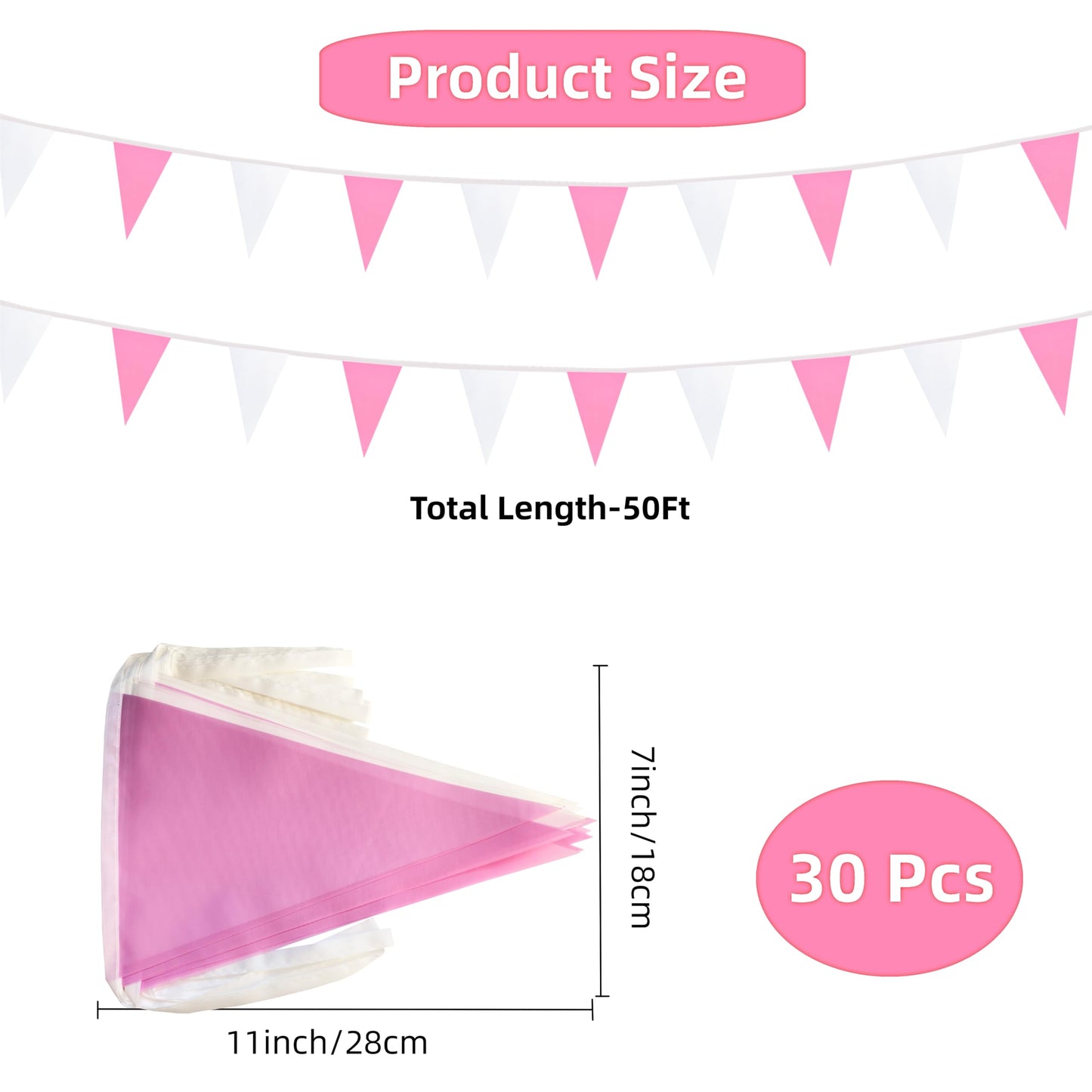 Rotenl 50 Feet 30 Pcs Pink and White Pennant Banner Flags String Hanging Triangle DIY Flags, Bunting Streamers Decorations for Grand Opening, Birthday, Wedding, Party Celebration (1)
