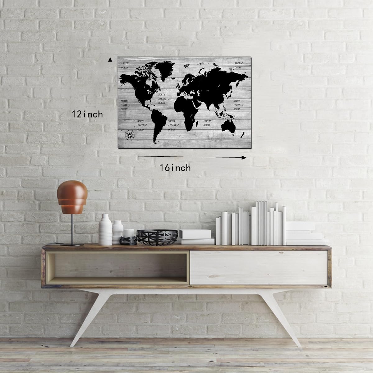 TAOMI World Map Wood Grain Grey Wall Art Black and White Artwork for Office Home Bedroom Decoration Map of the World Canvas Classroom Living Room Wall Décor Frame 12x16inch