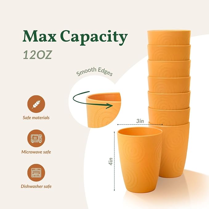 Homienly Wheat Straw Cups Set 8 PCS, 12 OZ Reusable Plastic Cups Alternative, Unbreakable Drinking Glasses for Kitchen, Party, Gatherings, Dishwasher & Microwave Safe Cup Set for Water, Juice(Yellow)