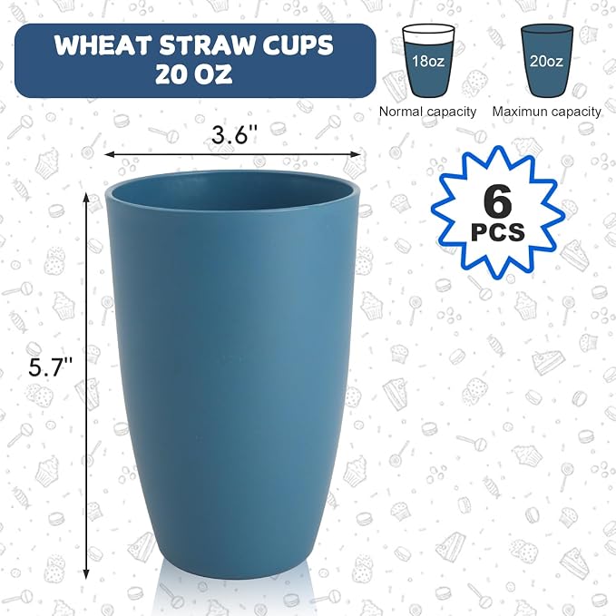 Large 20 OZ Wheat Straw Cups, Unbreakable Drinking Glasses Set of 6, Alternative to Reusable Plastic Cups, Dishwasher Safe Tumblers for Kitchen Outdoor Camping RV, Blue