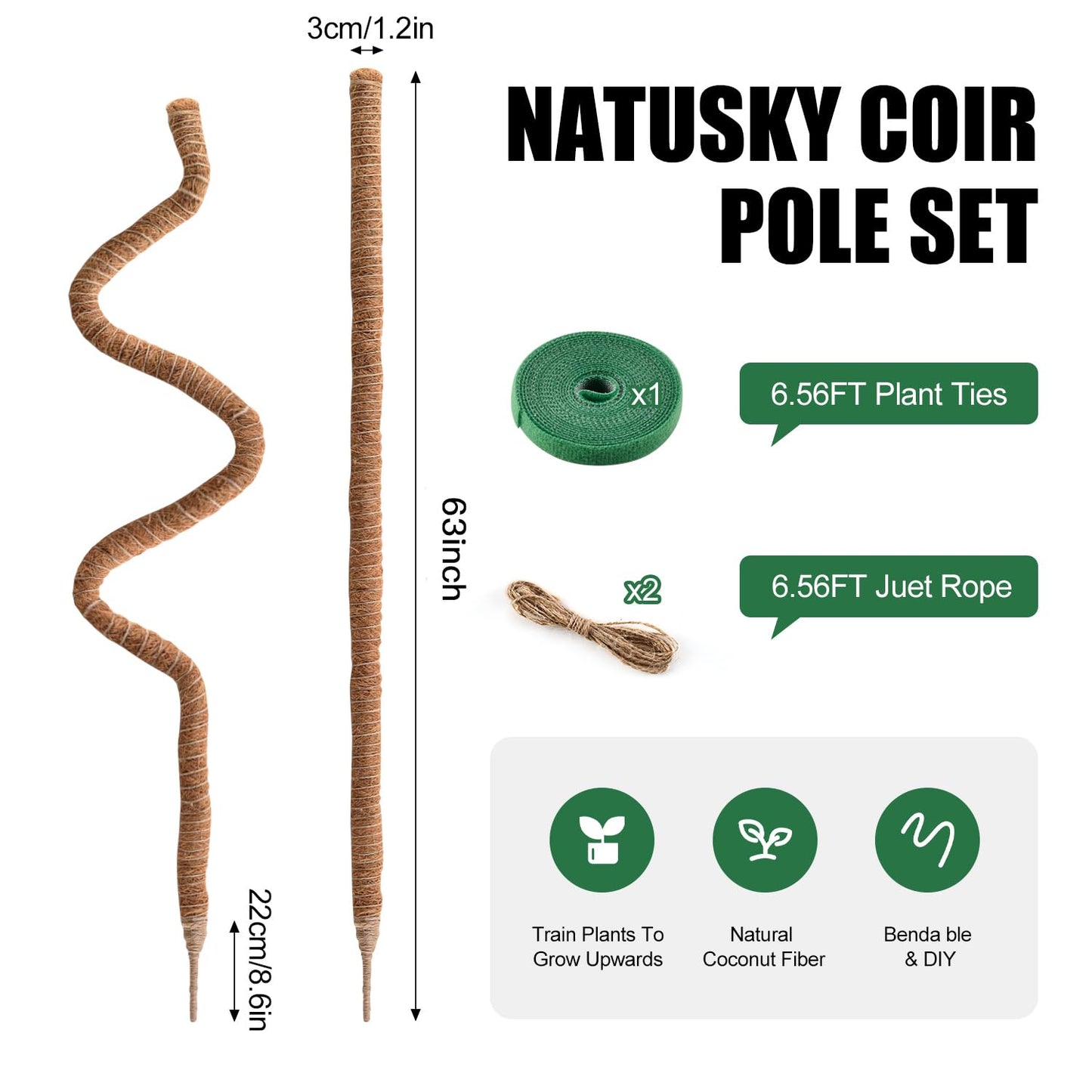 2 Pack Moss Pole, 63 Inch Bendable Moss Poles for Plants Monstera Long for Climbing Plants, Extra Large Handmade Pole Plant Sticks Support Stakes for Indoor Plants to Grow Upwards