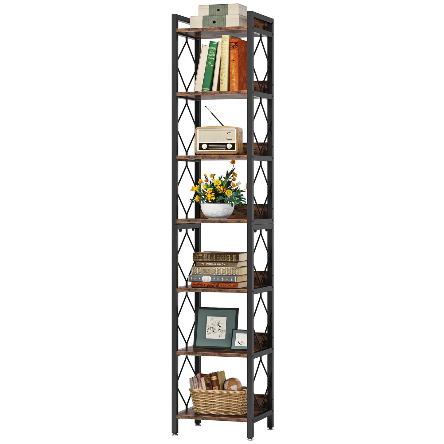 Tribesigns 78.7 Inch Extra Tall Narrow Bookshelf, 7 Tier Skinny Bookcase for Small Spaces, Freestanding Display Shelves, Multifunctional Corner Storage Organizer for Home Office, Rustic Brown