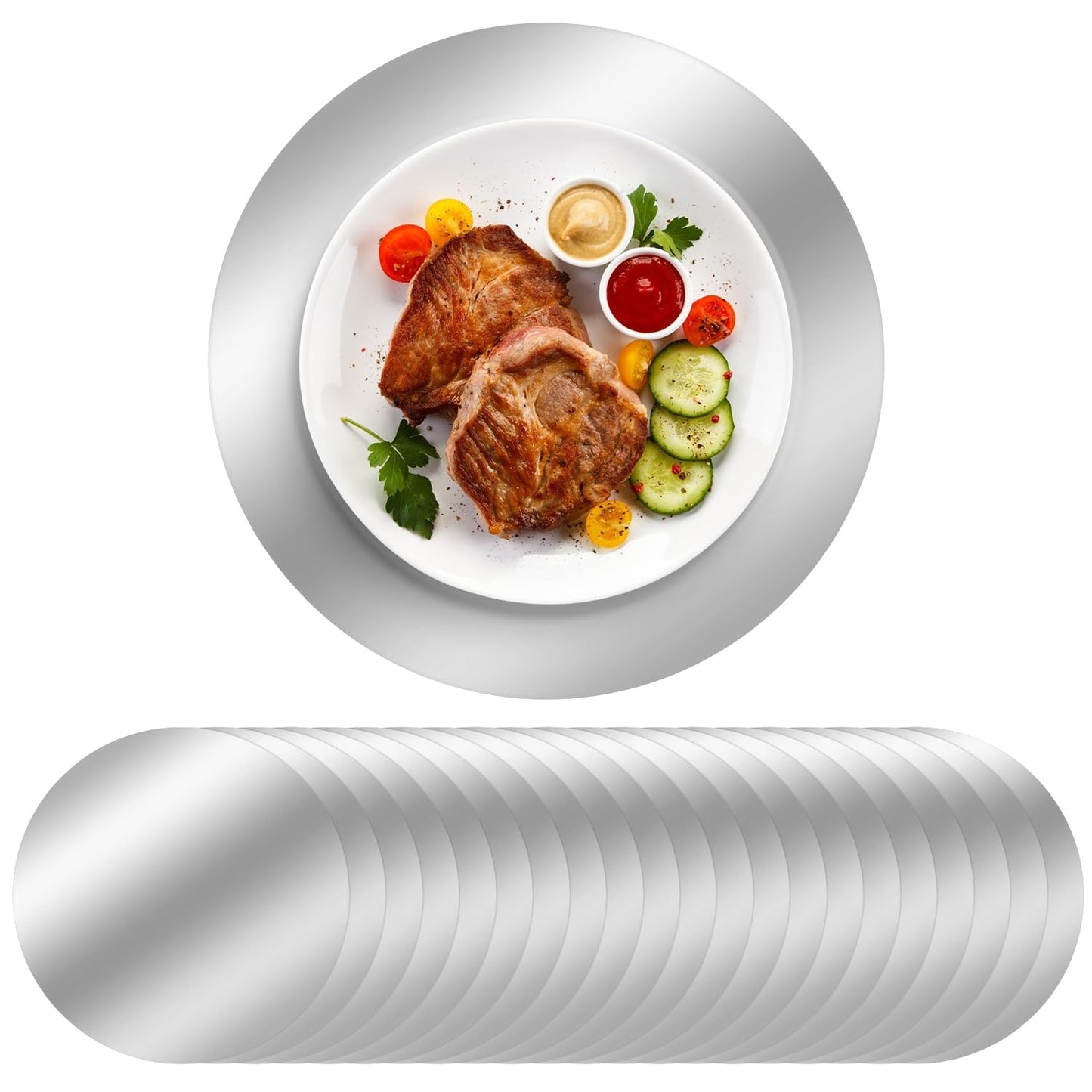 50PCS Silver Paper Placemats for Dinner Plates, 13 Inch Round Disposable Chargers, Shiny Holiday Place Mat for Dining Table Setting Valentine's Day Weddings Birthday Parties Kitchen Banquet Decor
