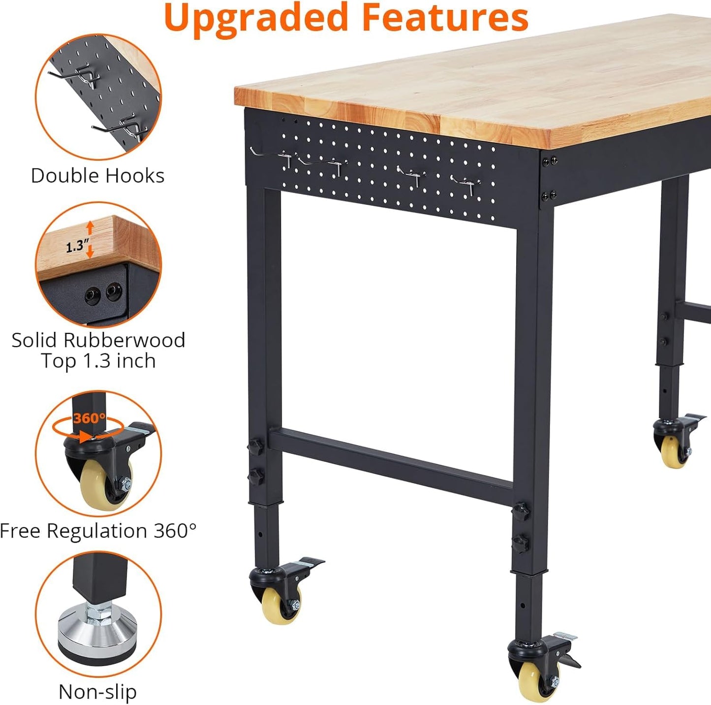 Adjustable Height Garage Workbench 72" X 25" - Heavy Duty 2000 lbs Capacity, Rubber Wood Top, Rolling Workstation with Drawer Storage, Power Outlets & Lockable Wheels - Perfect for Workshop