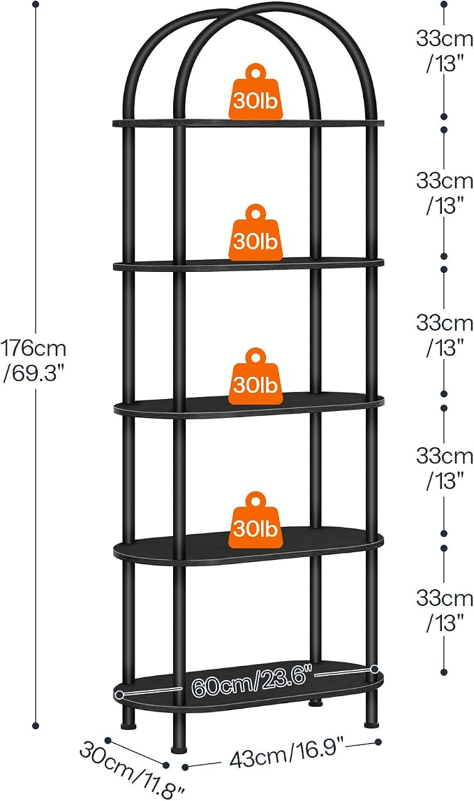 HOOBRO 5 Tier Open Bookshelf, Industrial Arched Bookcase Display Shelf Rack, Wooden Bookcase Storage Shelf Metal Frame, Tall Storage Organizer for Home, Easy Assembly, Black BB176SJ01