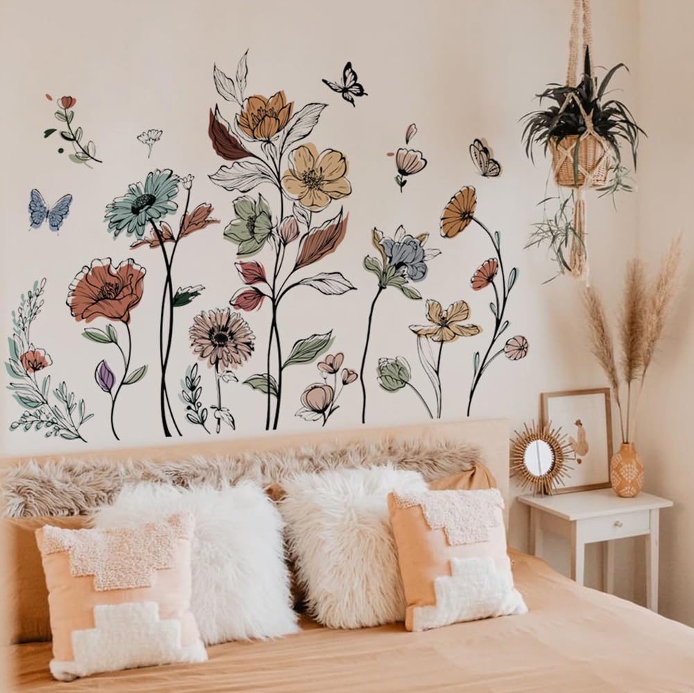 Runtoo Boho Flower Wall Decals Simple Wildflower Floral Wall Stickers for Girls Bedroom Nursery Home Decor