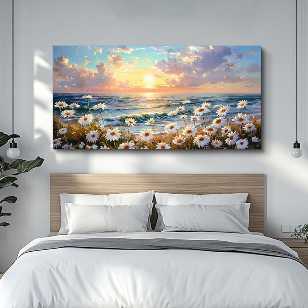 PHAOHUAXM Large Wall Decor Canvas Painting Wall Art For Living Room Decor A Landscape Of A Sea Of White Flowers Painting Bedroom Print Artwork Picture For Dining Room Home Decor Aesthetics 24x48 In