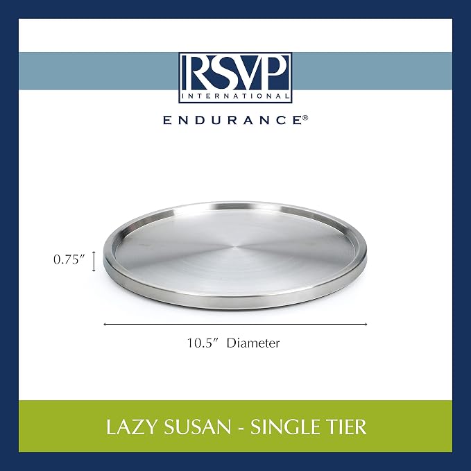 RSVP International Endurance TURN-1 Turntable Lazy Susan, Stainless Steel, 10.5" | Handy in Cabinet, Refrigerator or on Counters | Organize Spices, Canned Foods, Pots, Pans, Dinnerware, 10.5 Inch