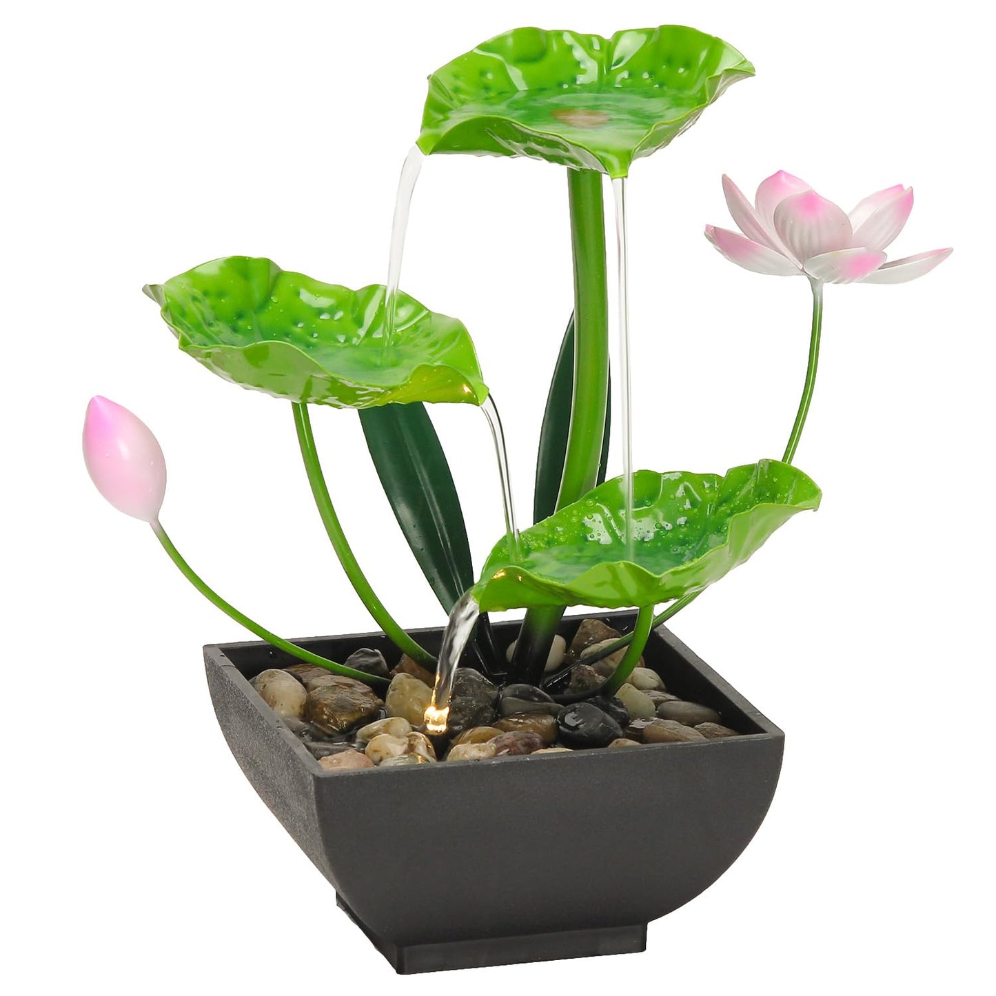 YOQUATE Water Fountain Indoor Waterfall Fountain 3-Tier Tabletop Fountain Lotus Desk Relaxation Home Decor Including Lots of Rocks and Soothing Sound Machine (Green 2)